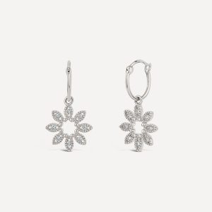 Intelligent 14ct White Gold Diamond Jasmine Flower Drop Hoop Earrings